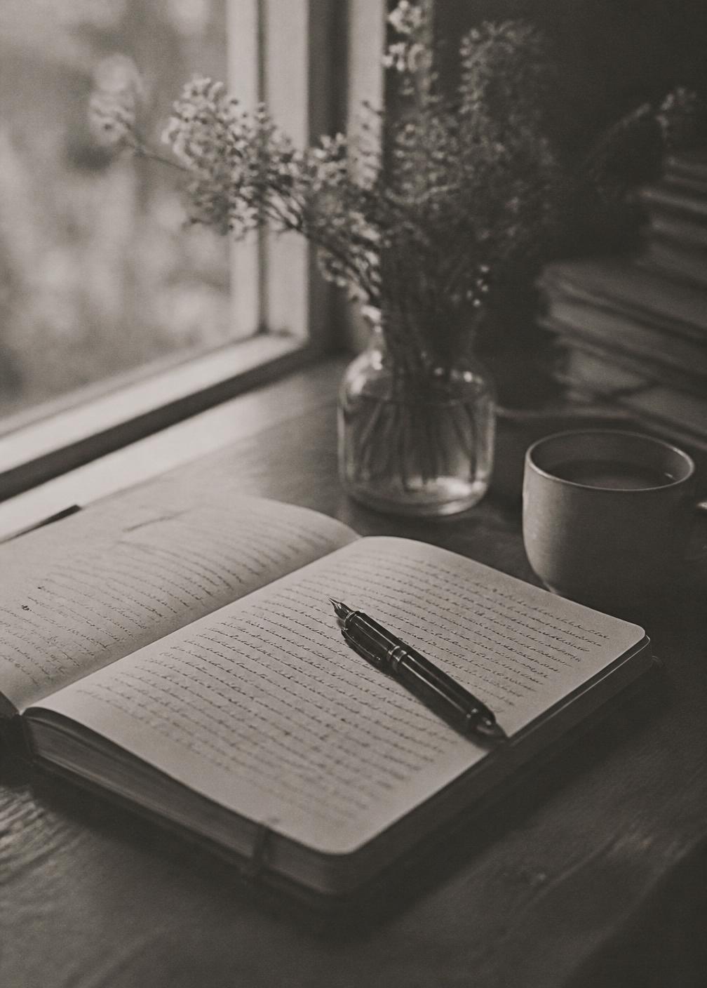 An open handwritten journal in soft window light